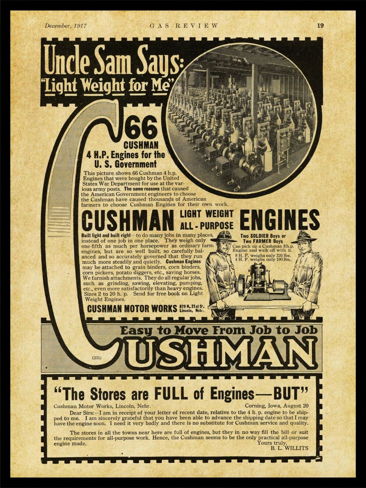 1917 Cushman Gas Engines New NEW Metal Sign: Lincoln, Nebraska Factory Picture