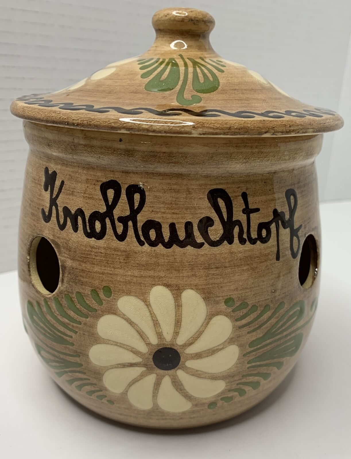 Vintage Soufflenheim Garlic Keeper Floral Stoneware Pottery