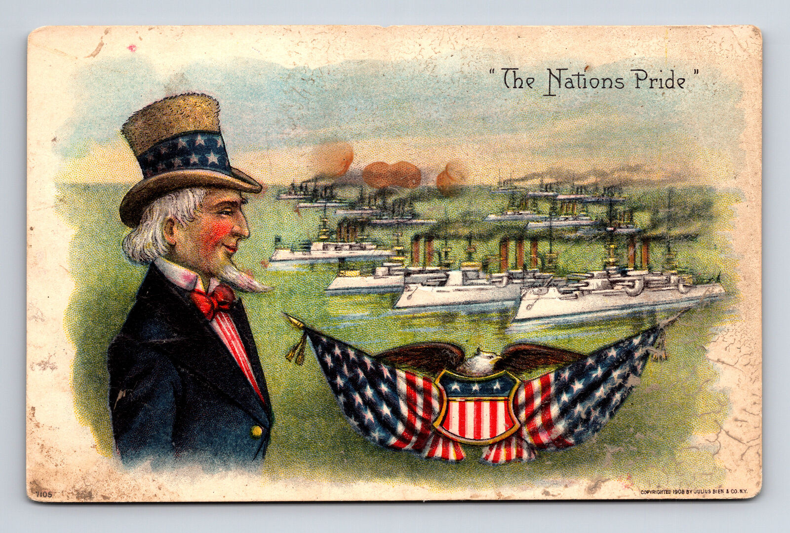 1908 Uncle Sam Nations Pride US Battleship Fleet Julius Bien Postcard