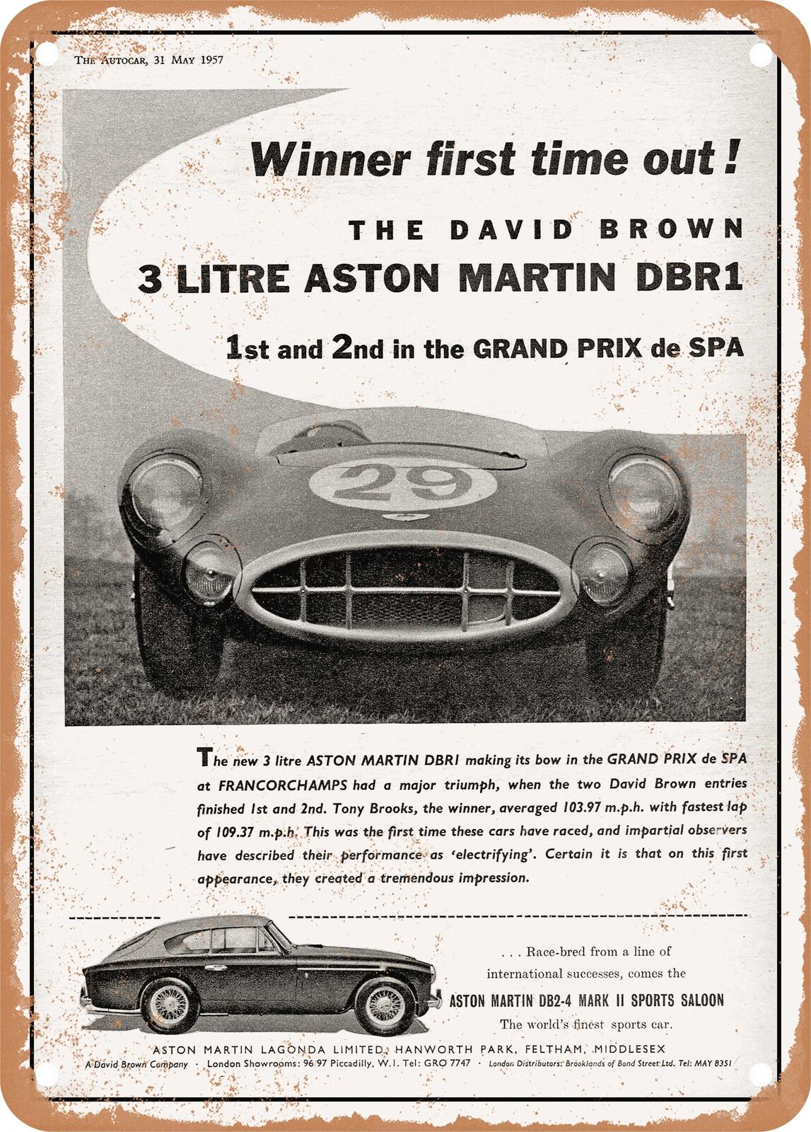 METAL SIGN - 1957 Aston Martin DBr1 DB2 4 Winner First Time Out Vintage Ad 2