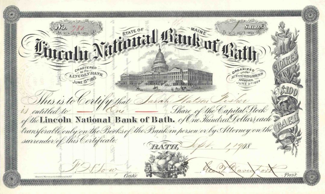 Lincoln National Bank of Bath, Maine - Banking Stock Certificate - Banking Stock