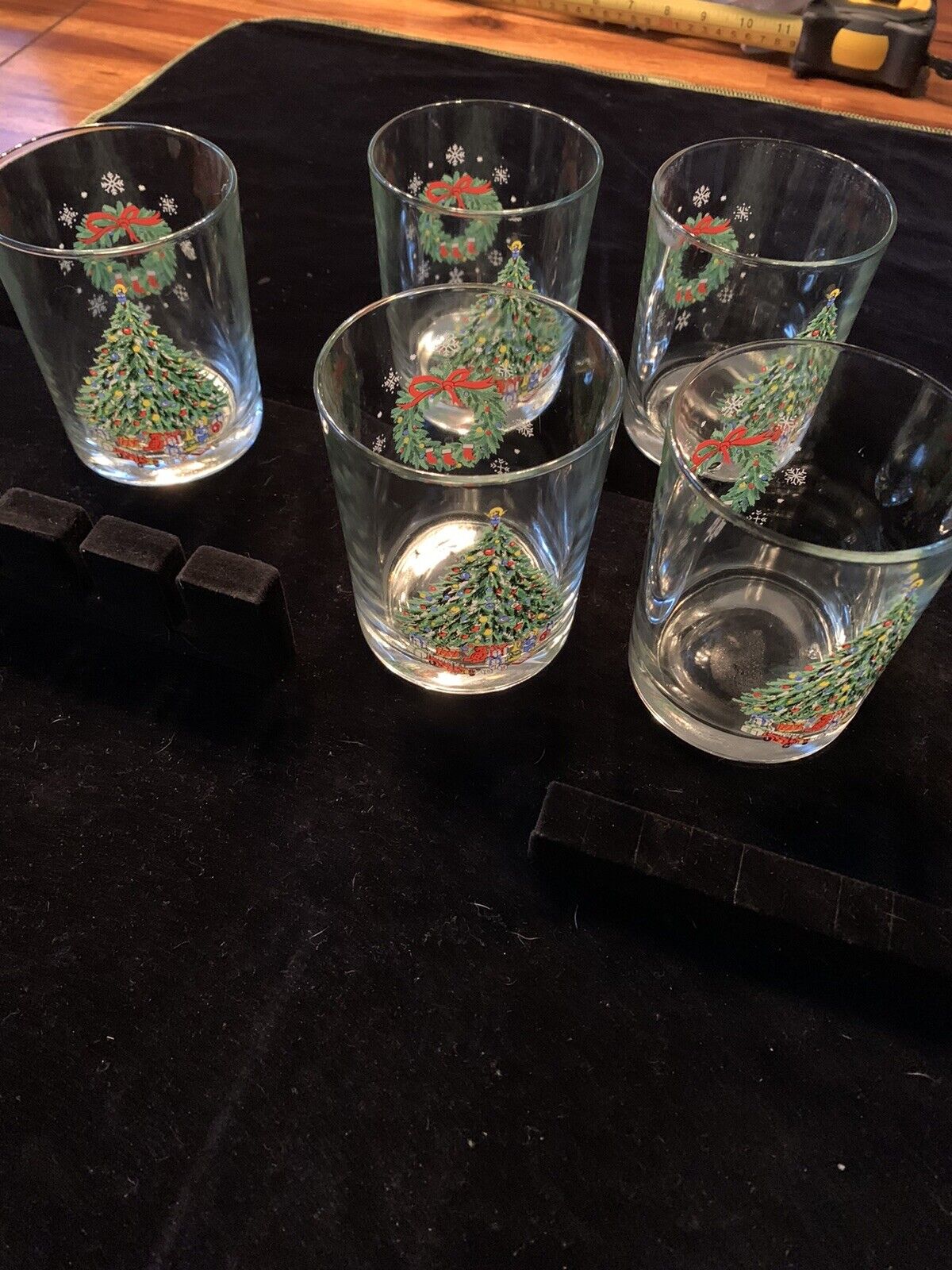XMAS Tree/Wreath Set of 5 Holiday On-the-Rocks Old-Fashioned Glasses Vtg 80s erc
