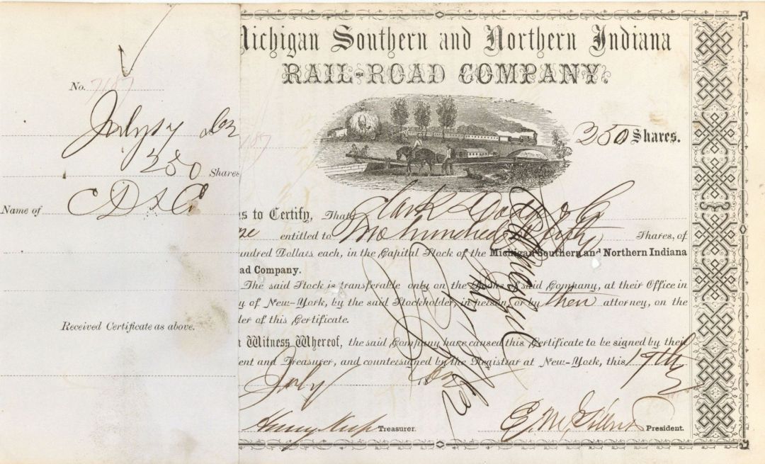 Michigan Southern and Northern Indiana Rail-Road Co. Signed by Henry Keep - 1863