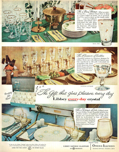 Libbey Every Day Crystal Royal Fern AMERICAN ANTIQUES Golden Tempo 1957 Print Ad