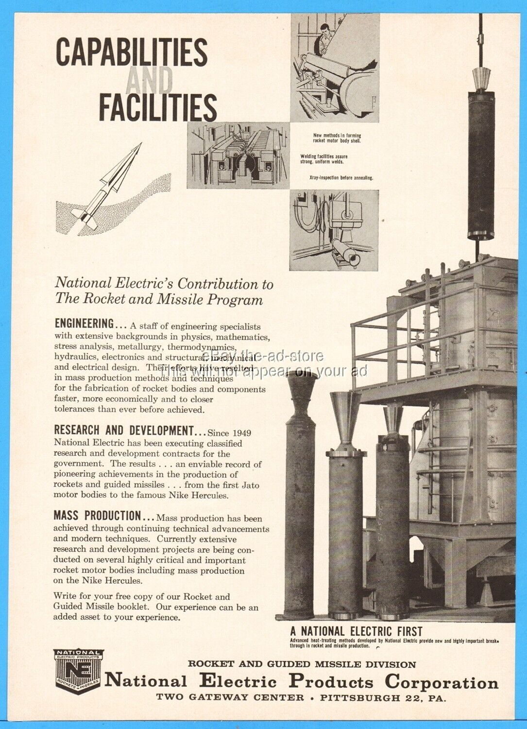 1958 National Electric Products Pittsburgh PA Rocket Nike Hercules Missile Ad