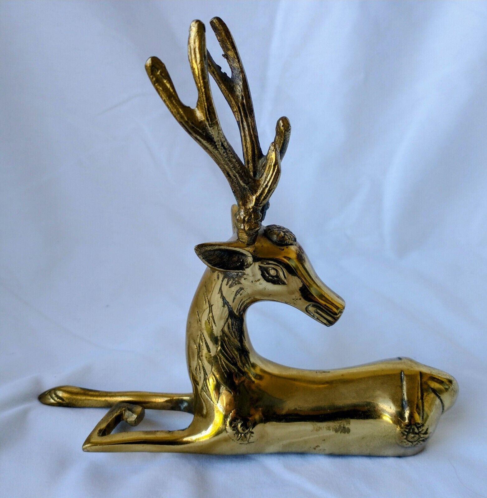 Vintage MCM Brass Stag Deer Buck Figurine, 7.25 by 6.5 inches tall