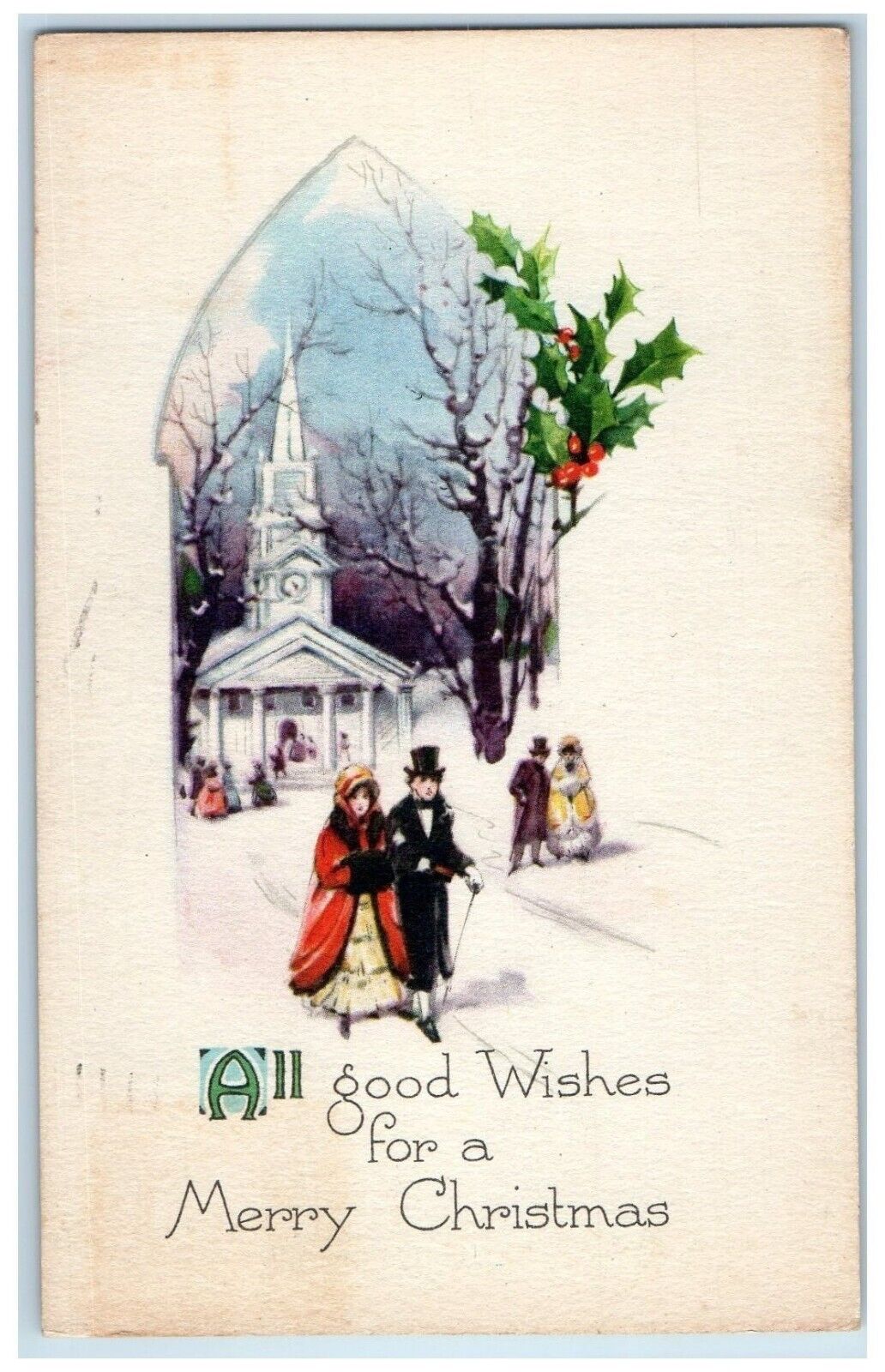 1927 Christmas Church Holly Winter Monmouth Precancel Stamp Illinois IL Postcard