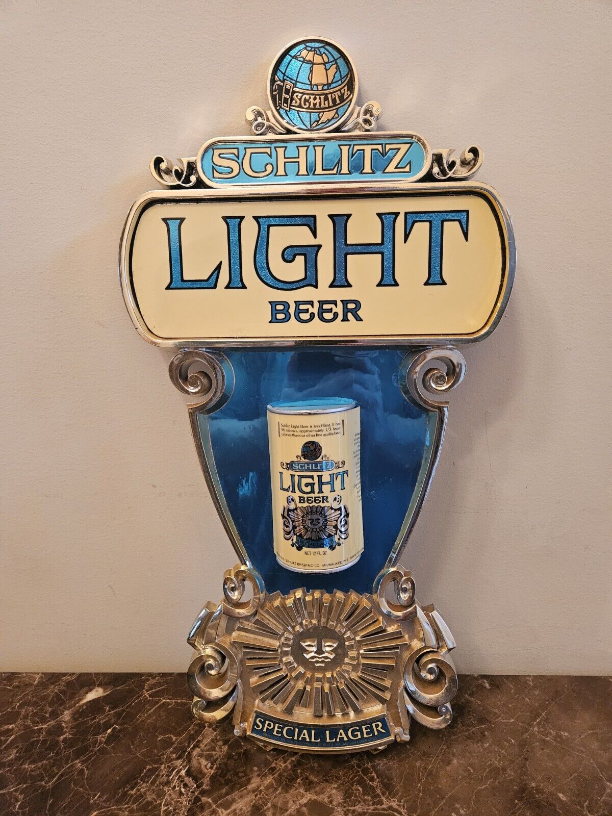 ~ Vintage Schlitz Light Beer Sign Special Lager 1976 96 Calories Blue & White ~