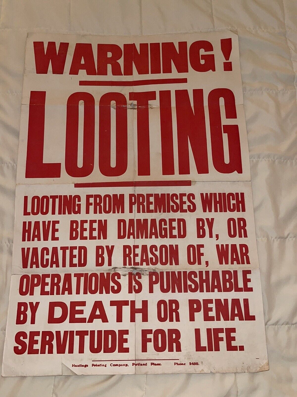 WWII Original WARNING LOOTING, Death or Penal Servitude Red Letter Poster 20x30