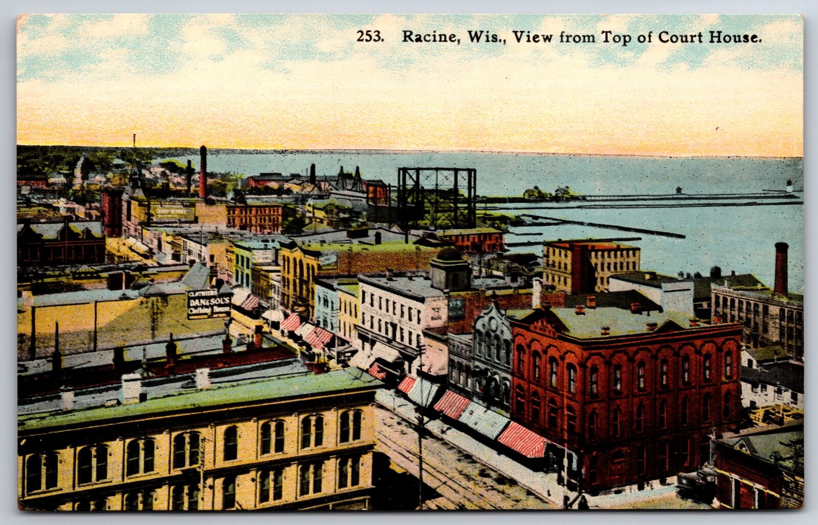 Racine Wisconsin~Main Street Birdseye View @ Top of Courthouse~c1910 Postcard