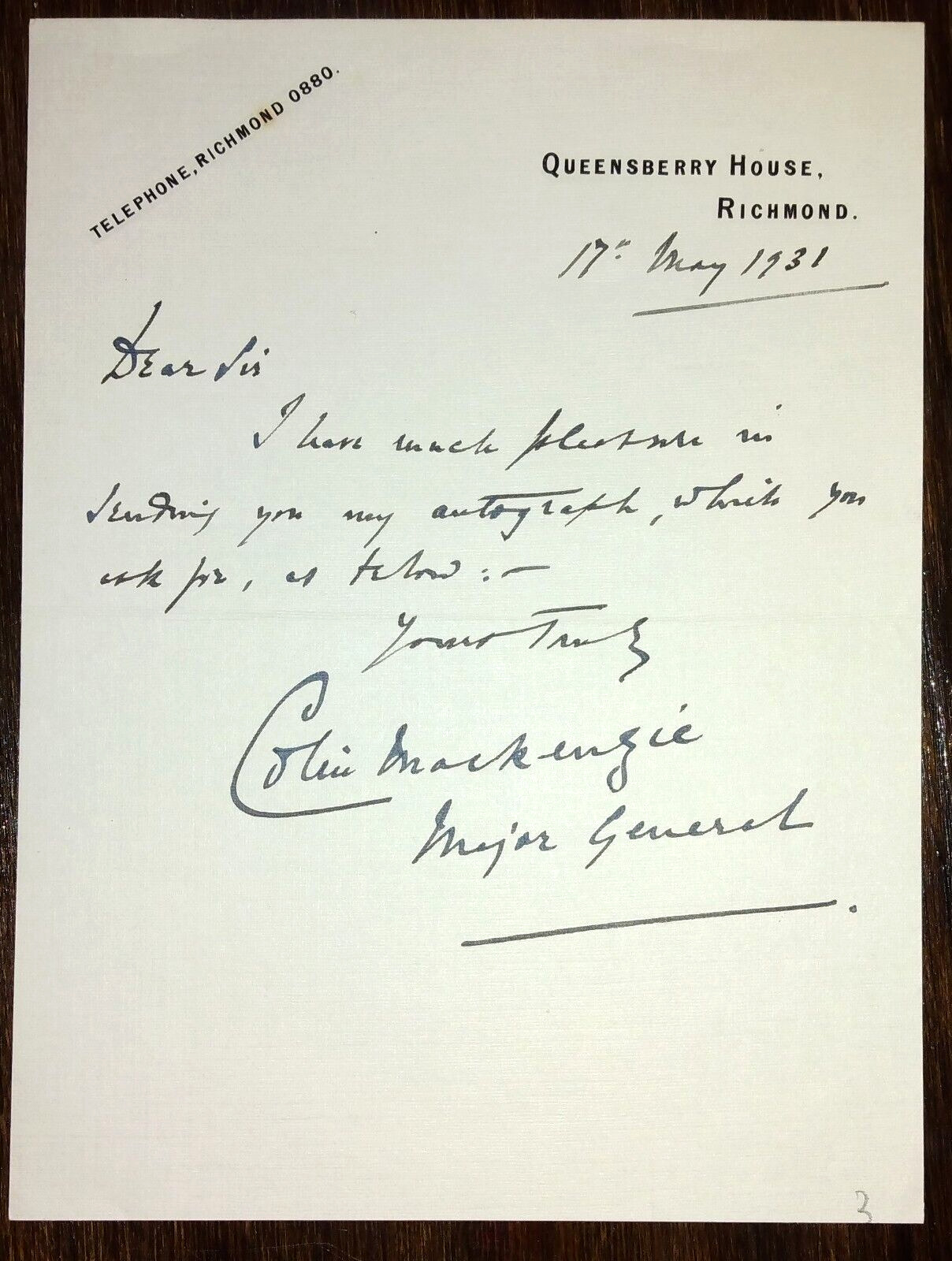 Major-General Sir Colin John Mackenzie (1861-1956) Autograph - Signed Letter