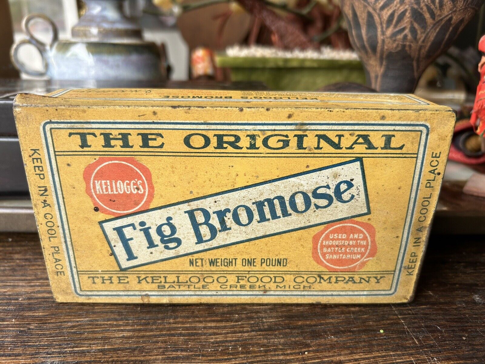 Antique Kellogg's Fig Bromose Tin Battle Creek Sanitarium Michigan Rare Find