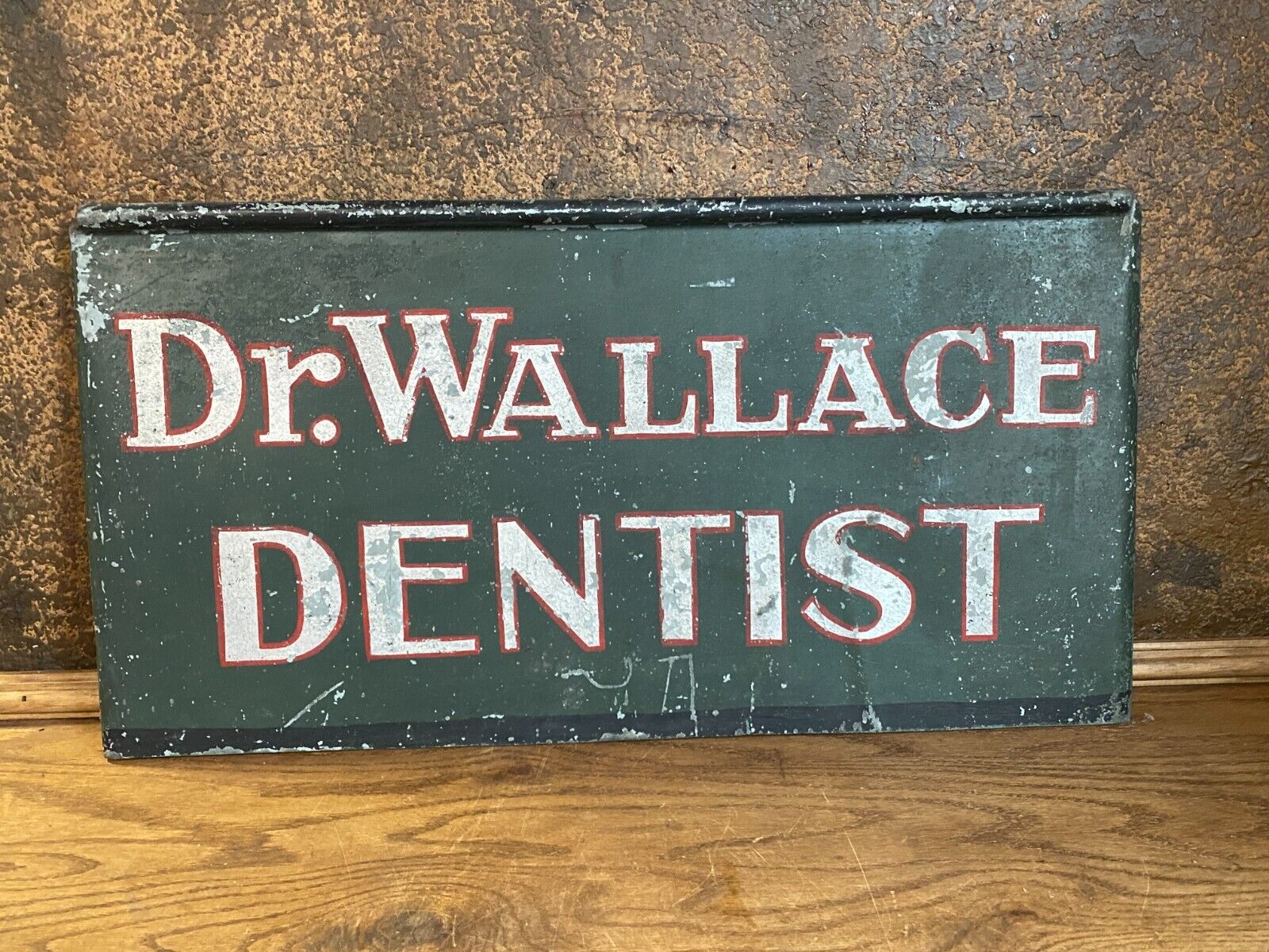 Early Original Antique DENTIST Trade Sign Painted Metal  ~ Vintage Dr Wallace