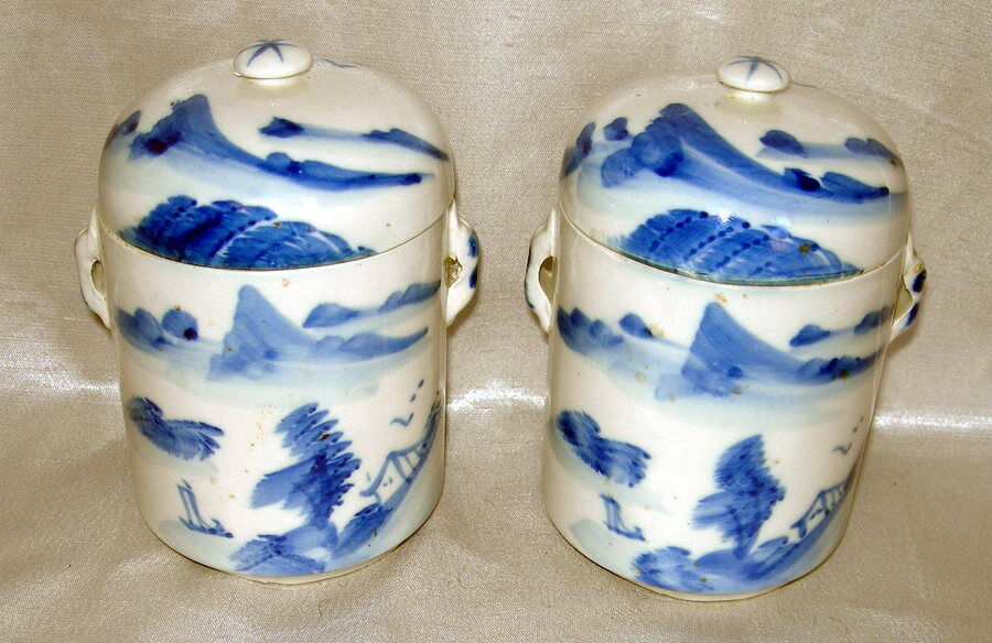 TW0 VTG. 3 Pc. Canisters Japanese Tea Jar Lid White w/ Blue Mountains Hand Ptd.