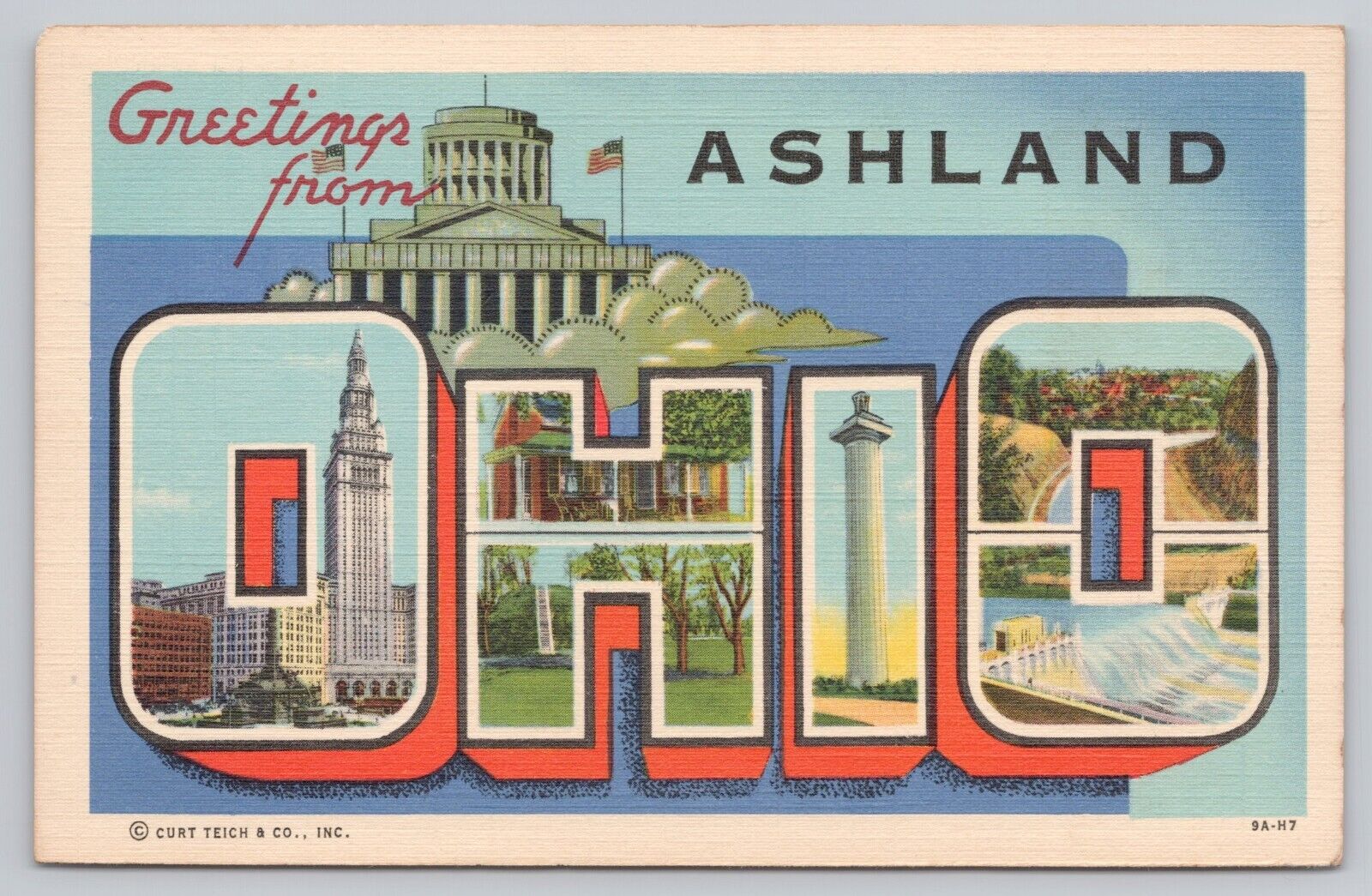 Ashland Ohio, Large Letter Greetings RARE, Vintage Postcard