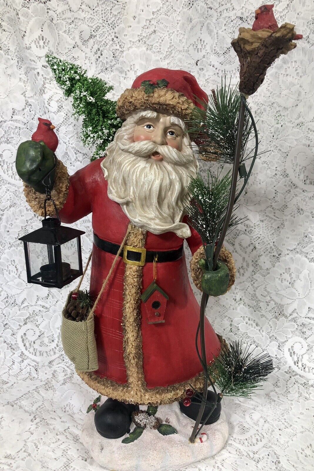 Exceptional 20 1/2” Santa Clause with Cardinals, Lantern, Tree & Gifts 22” Tall
