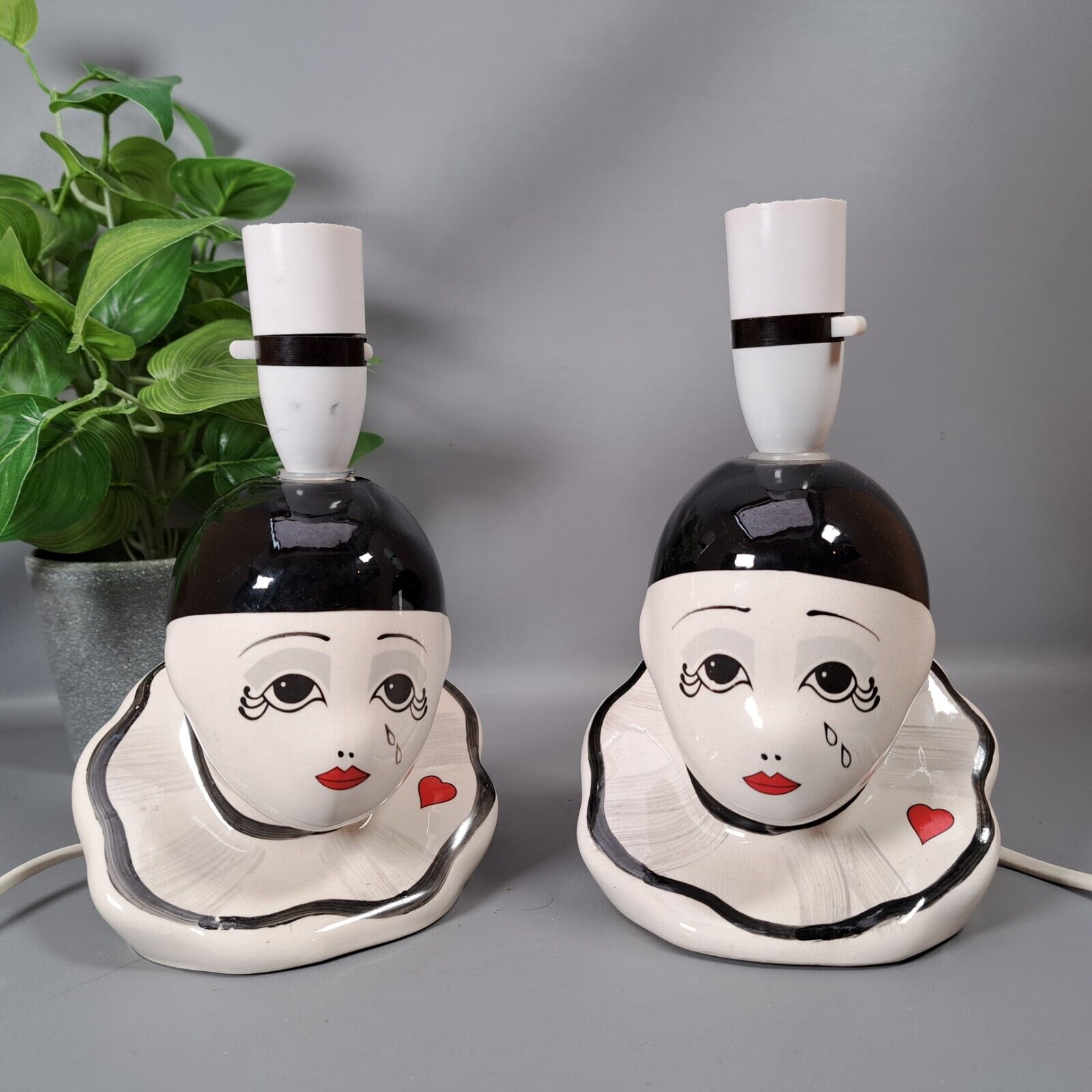 Vintage pair of ceramic french pierrot clown table lamps lights kitsch retro vtg