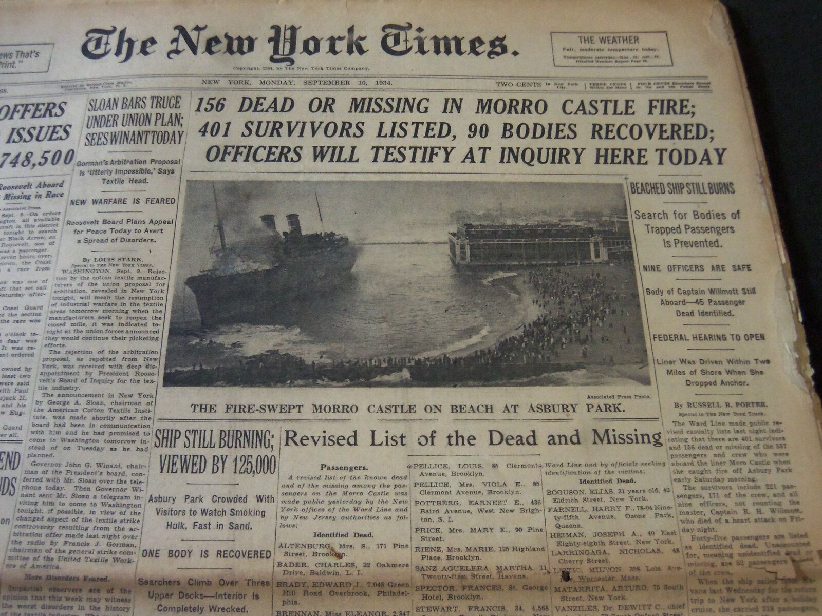1934 SEPT 10 NEW YORK TIMES - 156 DEAD OR MISSING IN MORRO CASTLE FIRE - NT 5909