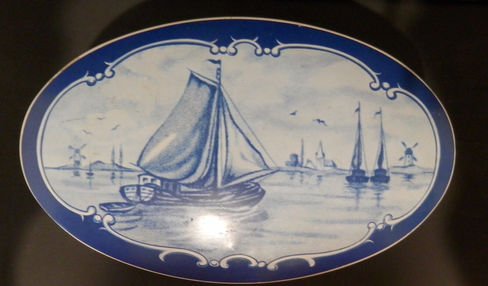 Vintage Western Germany Cookie Biscuit Tin Windmills Blue & White Oval Dutch 6+\