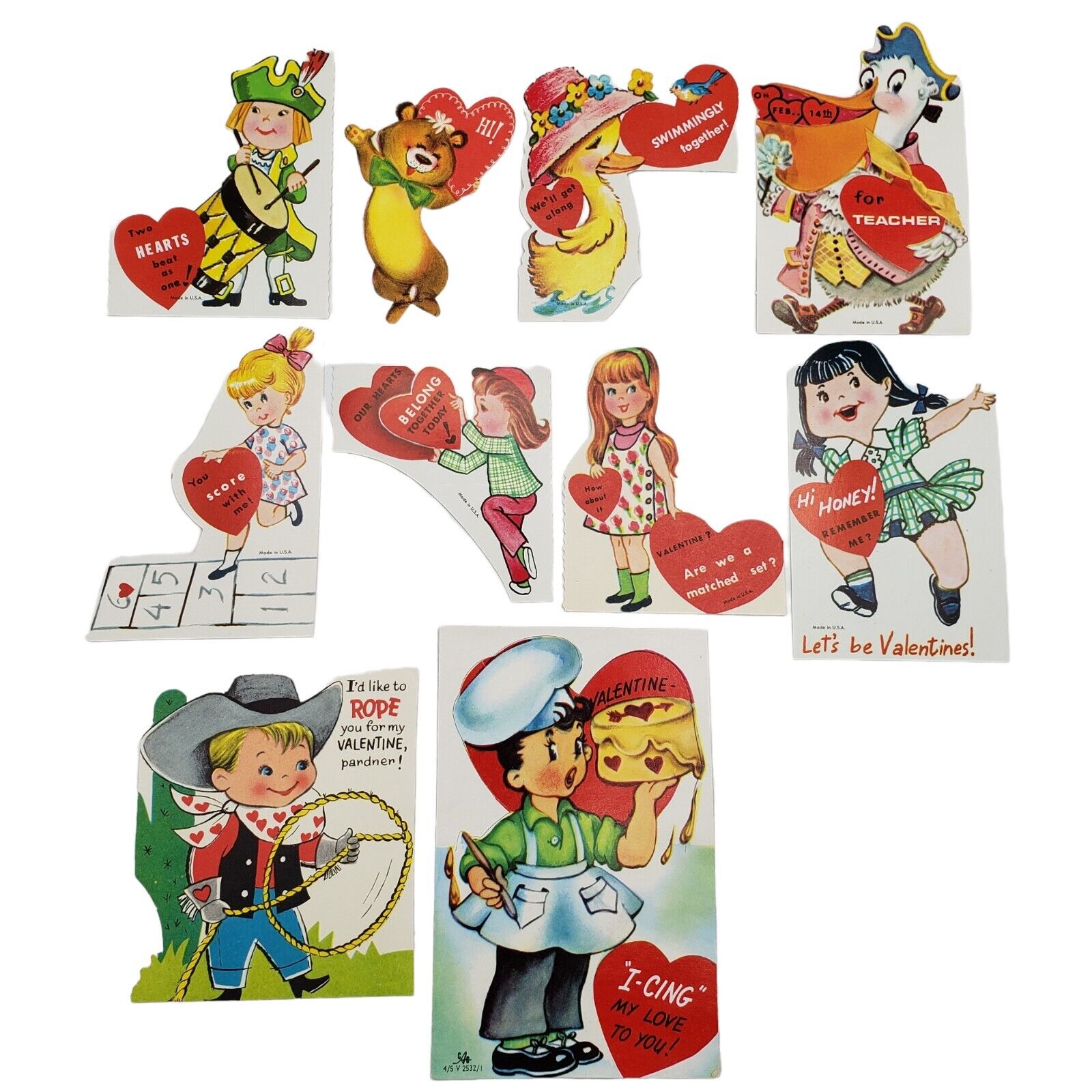 Vintage Lot of 10 Small Childrens Valentine\'s Day Cards Cowboy Baker Kids Animal