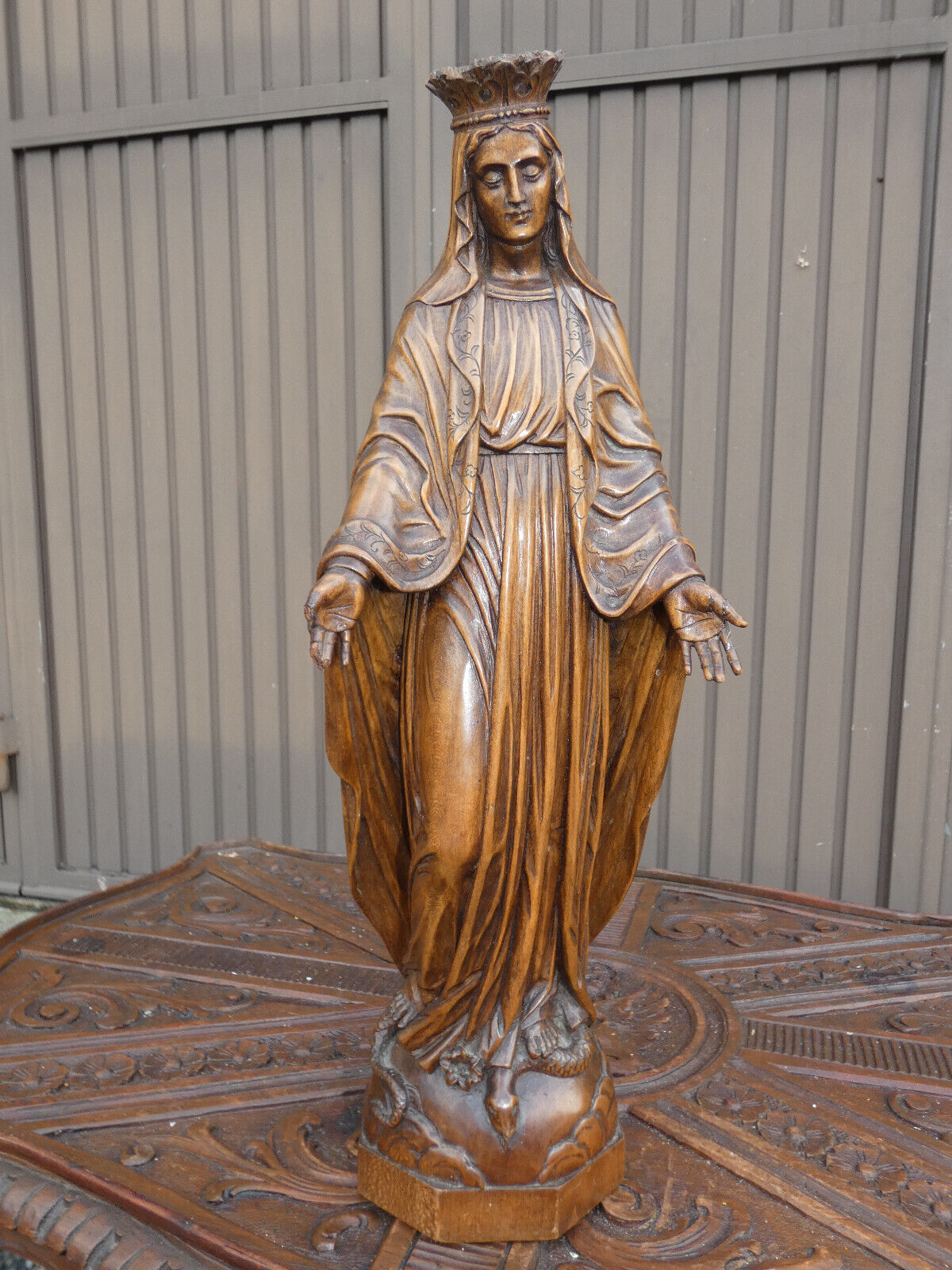 Antique Flanders School wood carved madonna statue sculpture religious