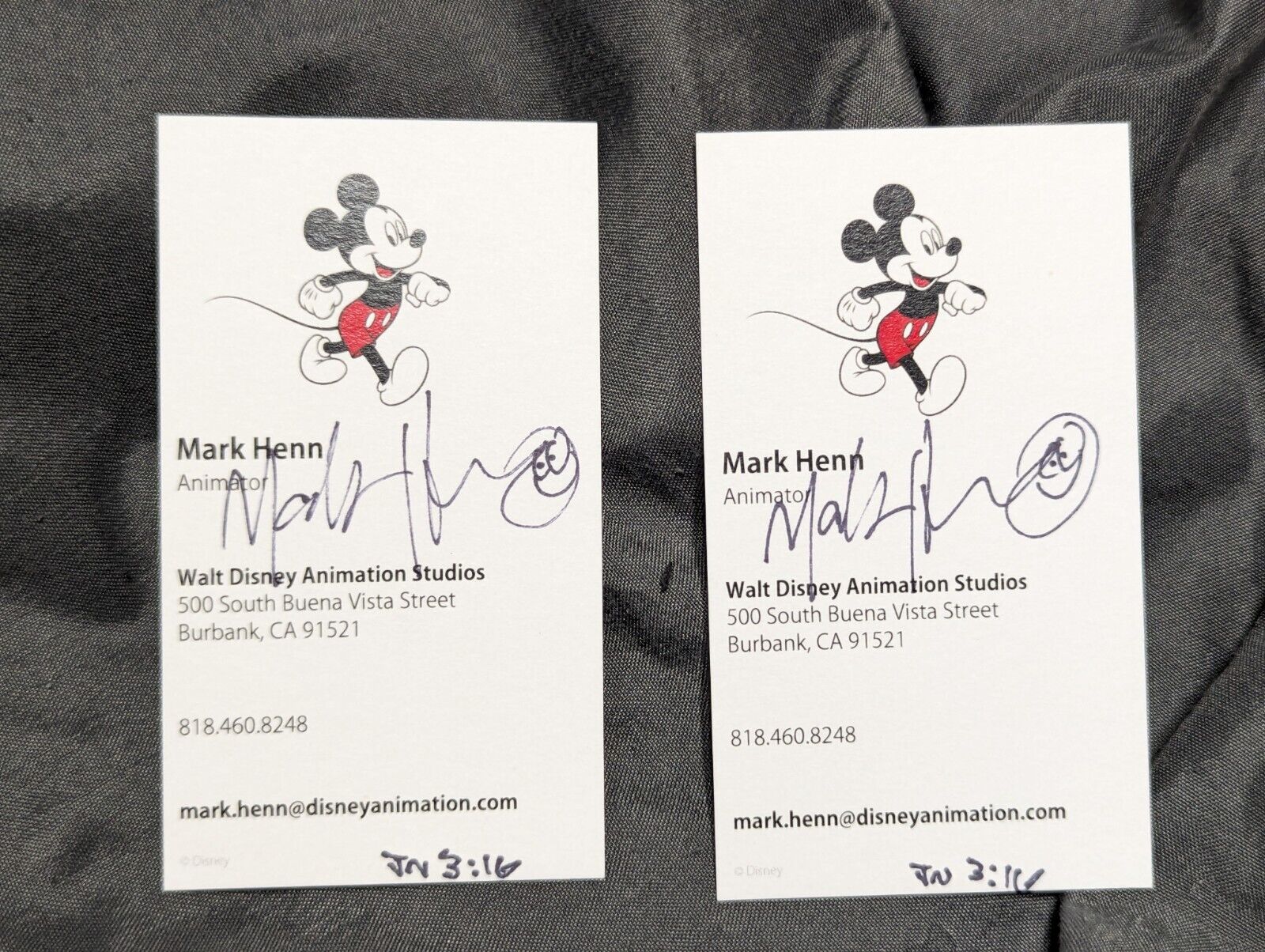 BOGO Mark Henn Autograph Walt Disney Animator Business Cards Mickey Mouse 
