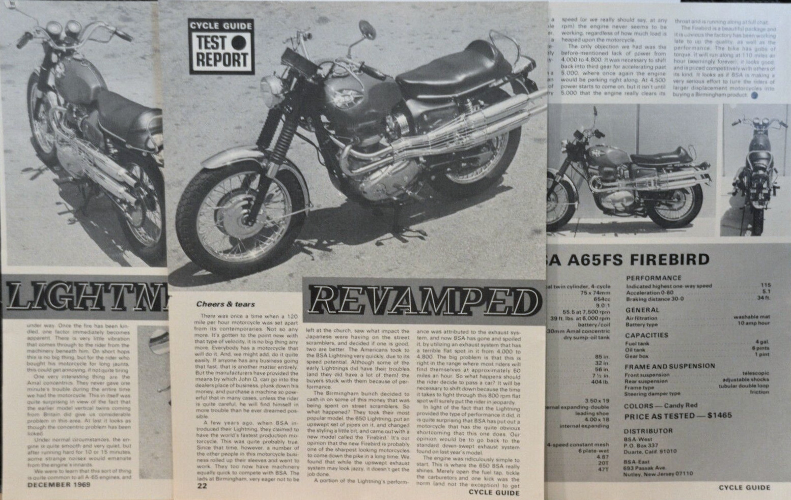 1970 BSA A65FS Firebird Motorcycle Original 5 page motorcycle Test 