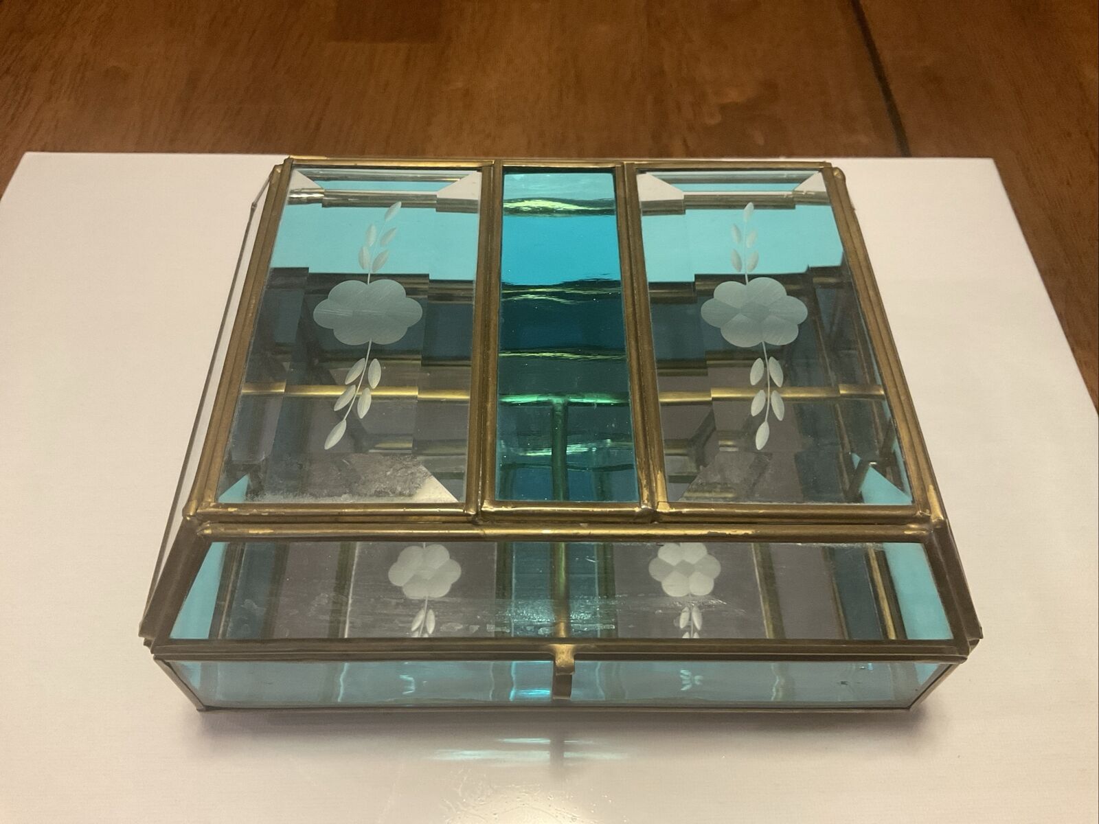 Stunning Etched Glass Handmade Vintage Jewelry Box w/ Brass