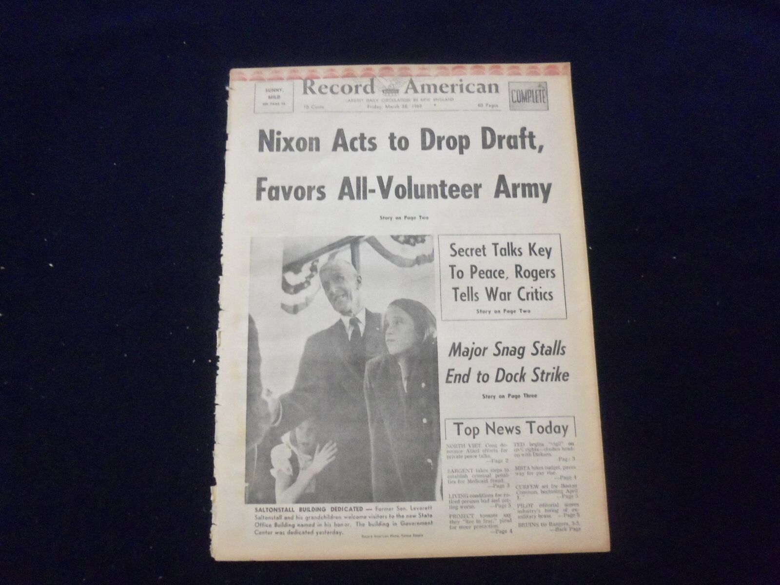 1969 MARCH 28 BOSTON RECORD AMERICAN NEWSPAPER-NIXON ACTS TO DROP DRAFT -NP 6343