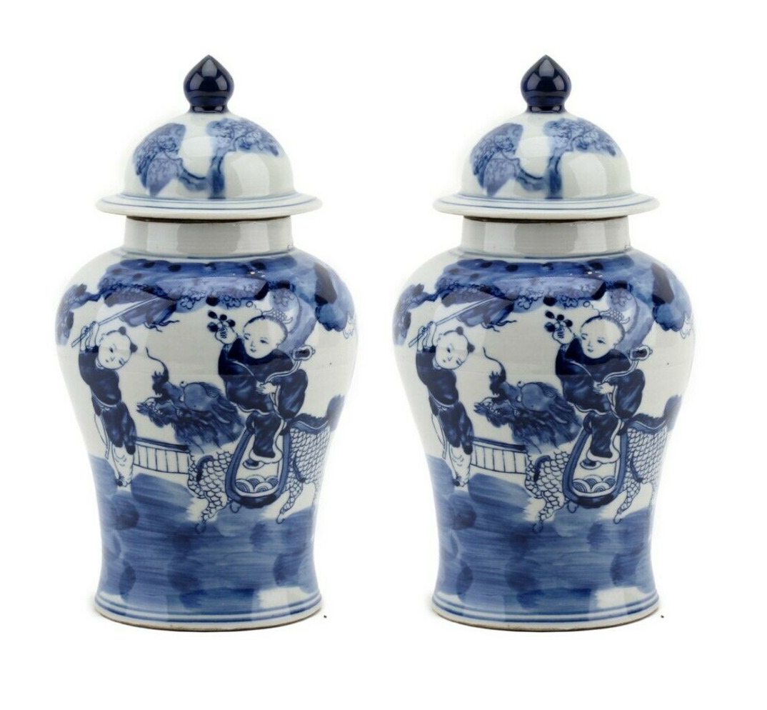 Jar Pair Blue White Ginger Temple Jar Boys Play Chinoiserie Chinese Ming Style