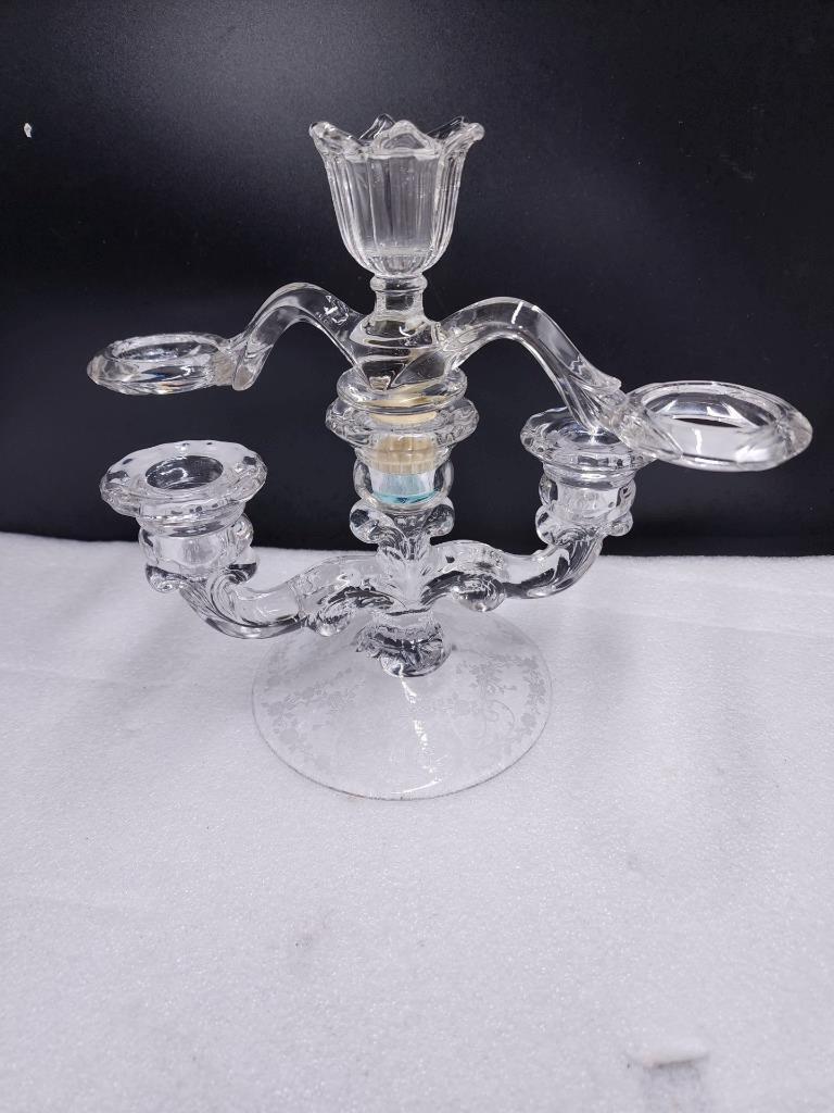 Vintage Clear Glass 3-Candle Holder Candelabra in two parts Etched Glass Bottom