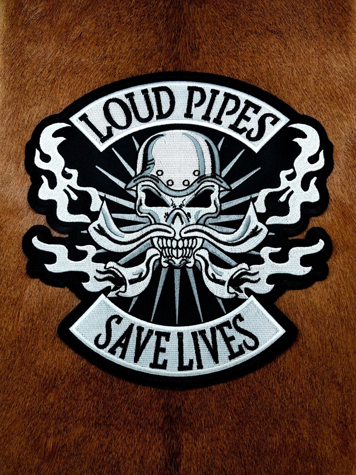 Loud Pipes Save Lives Skull Biker Motorcycle Large Patch Iron On Embroidered Ves