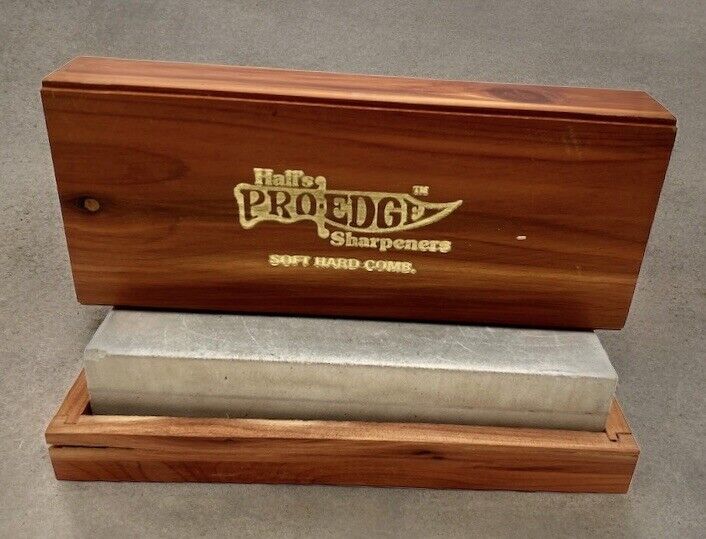 HALL\'S PRO EDGE Knife STONE Block SHARPENERS Soft Hard Comb WOOD Case Wooden BOX