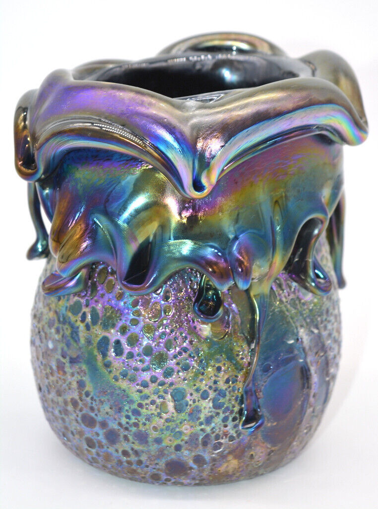Blue Luster Cypriote Vase With Lava Design by Joel Alcaraz. Blown Glass