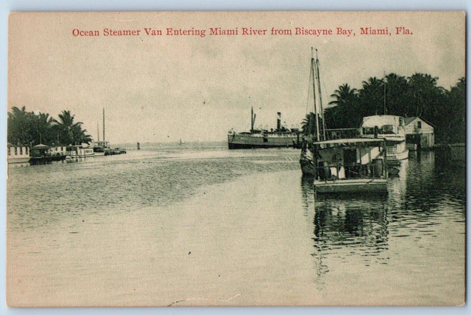 Miami Florida FL Postcard Ocean Steamer Van Entering Biscayne Bay c1905 Vintage