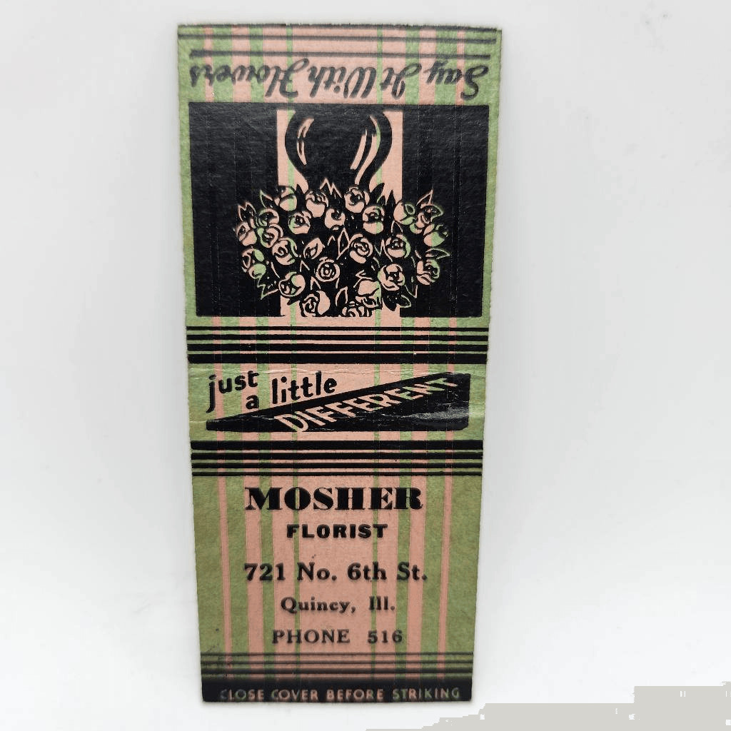 Vintage Bobtail Matchcover Mosher Florist Quiney Illinois