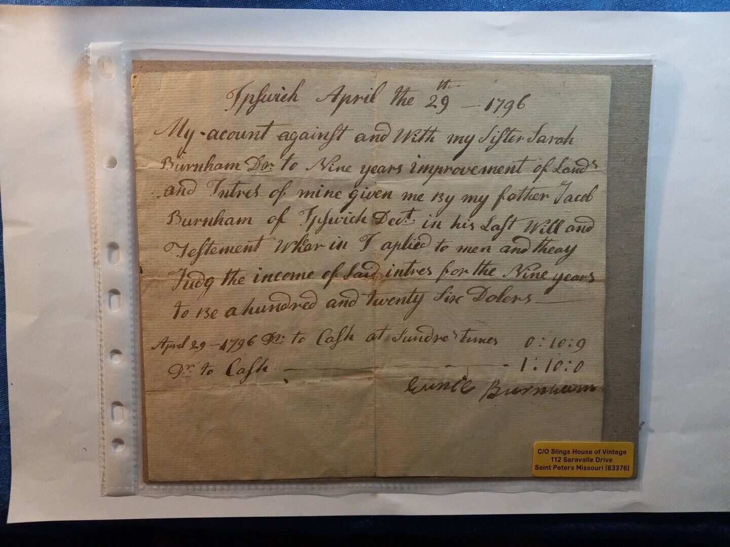RARE Document April 29, 1796 Improvement of Land April Early Stocks and Bonds