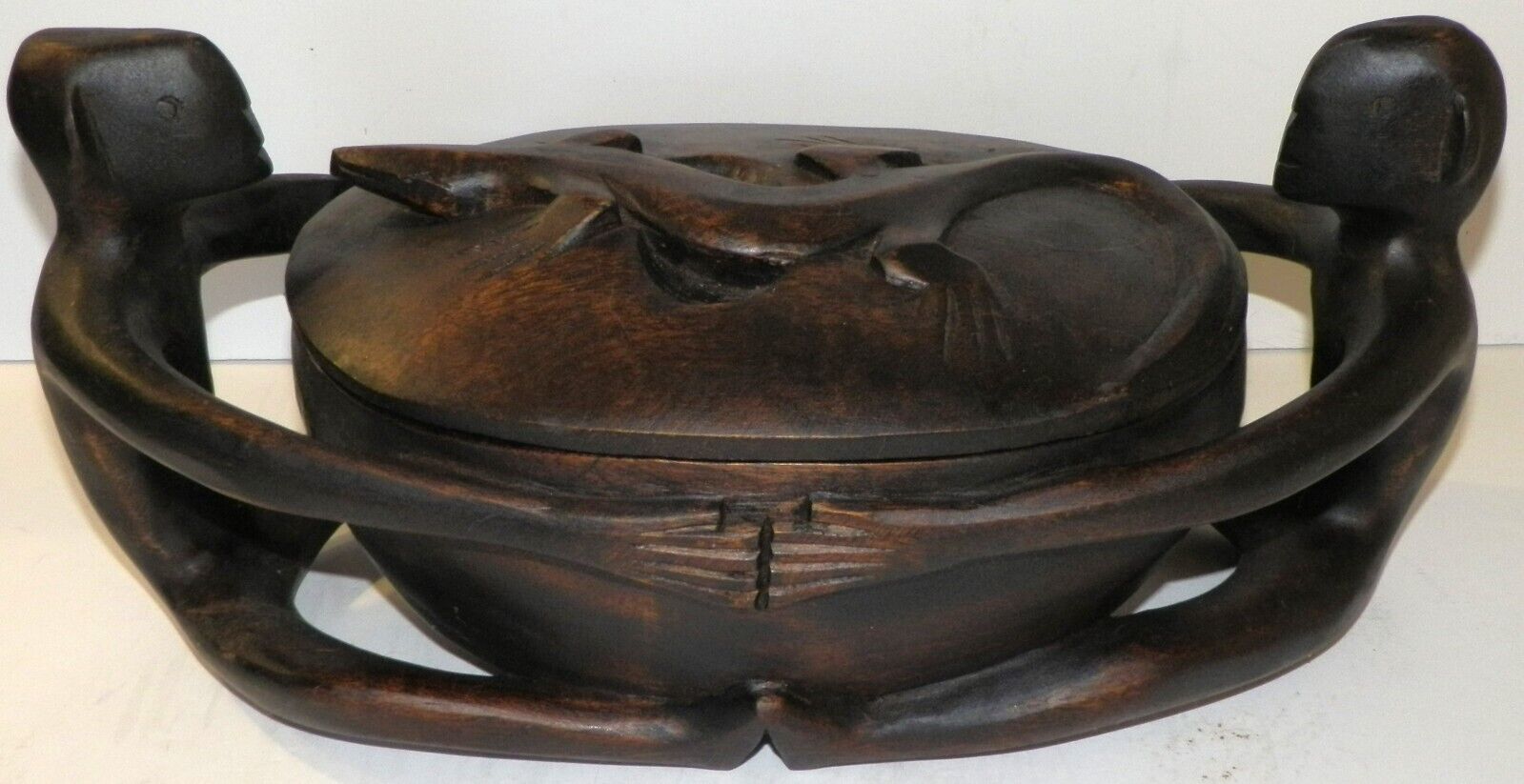 Vintage Hand Carved Wood Wooden African Jar Offerings Holding Bowl with Lizard