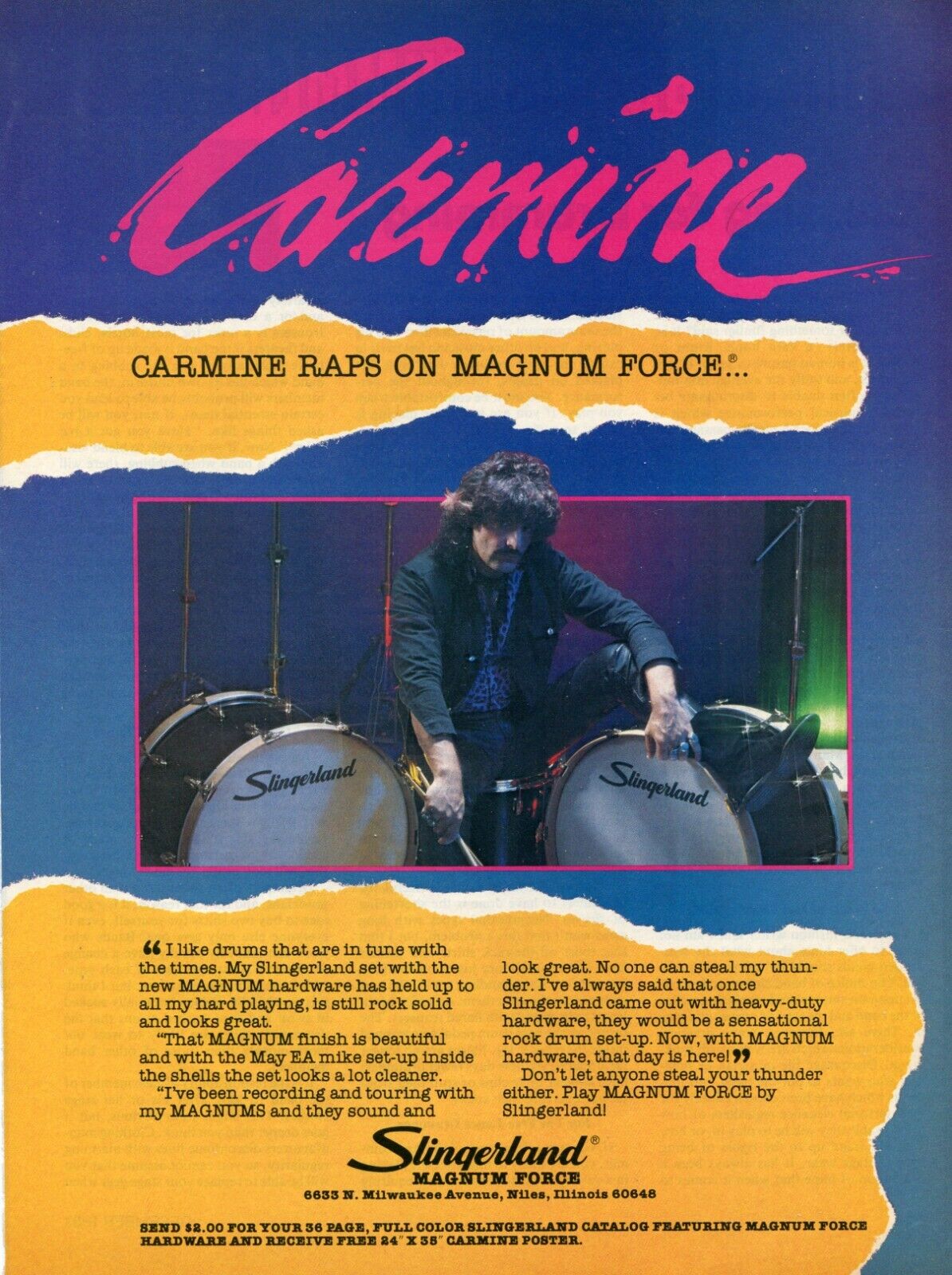 1983 Print Ad of Slingerland Magnum Force Drums w Carmine Appice Vanilla Fudge