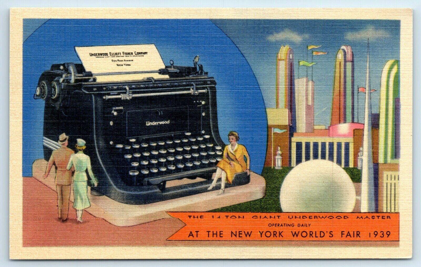 Postcard The 14 Ton Giant Underwood Master Typewriter, NY World\'s Fair 1939 A108