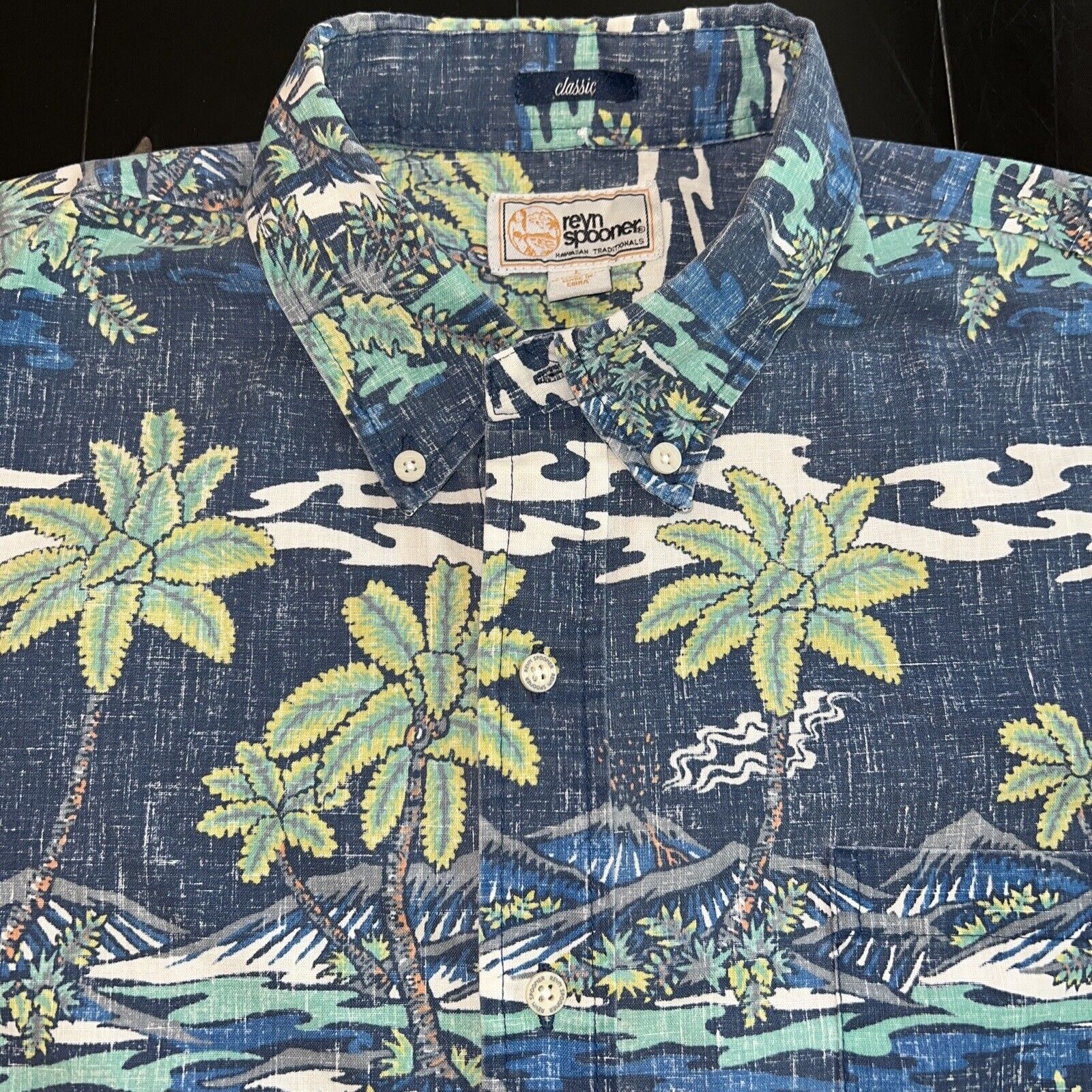 Vintage Reyn Spooner Palm Trees Hawaiian Aloha Pocket Shirt Large Ocean Surfer