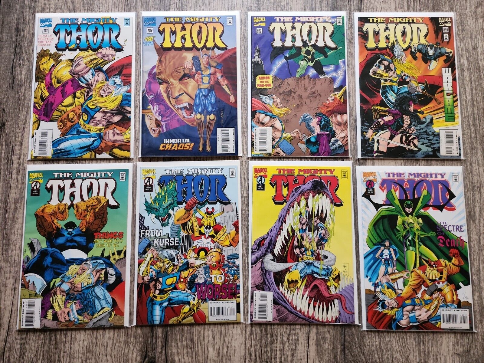 THE MIGHTY THOR 1990\'s Vintage Comic Lot Marvel Comics 8 Books #481-488 Boarded