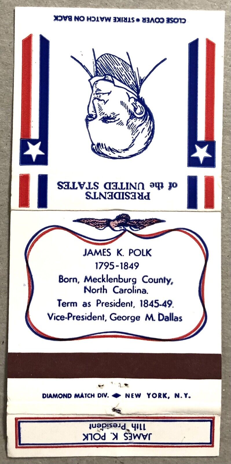 Vintage 30 Strike Matchbook Cover - Diamond Match James K Polk