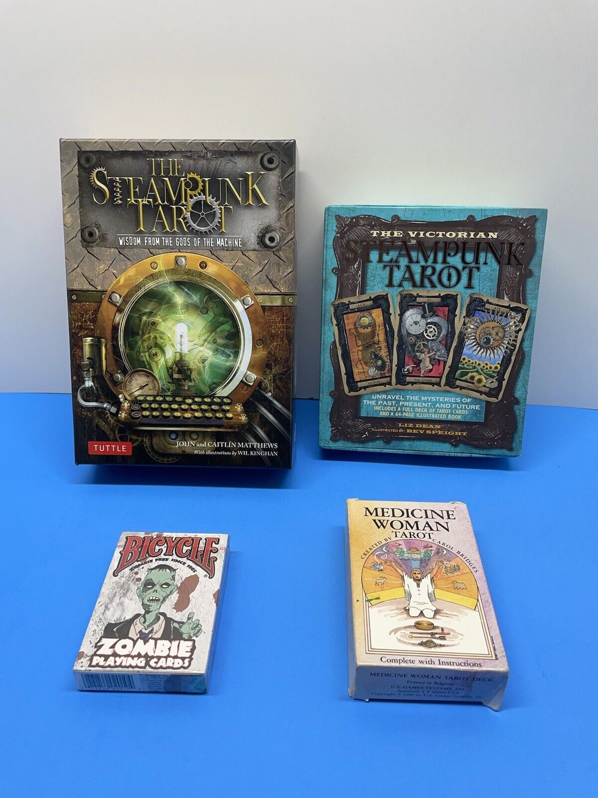 Set of 4: vtg medicine woman tarot, 2 packs of Steampunk tarot, Zombie cards