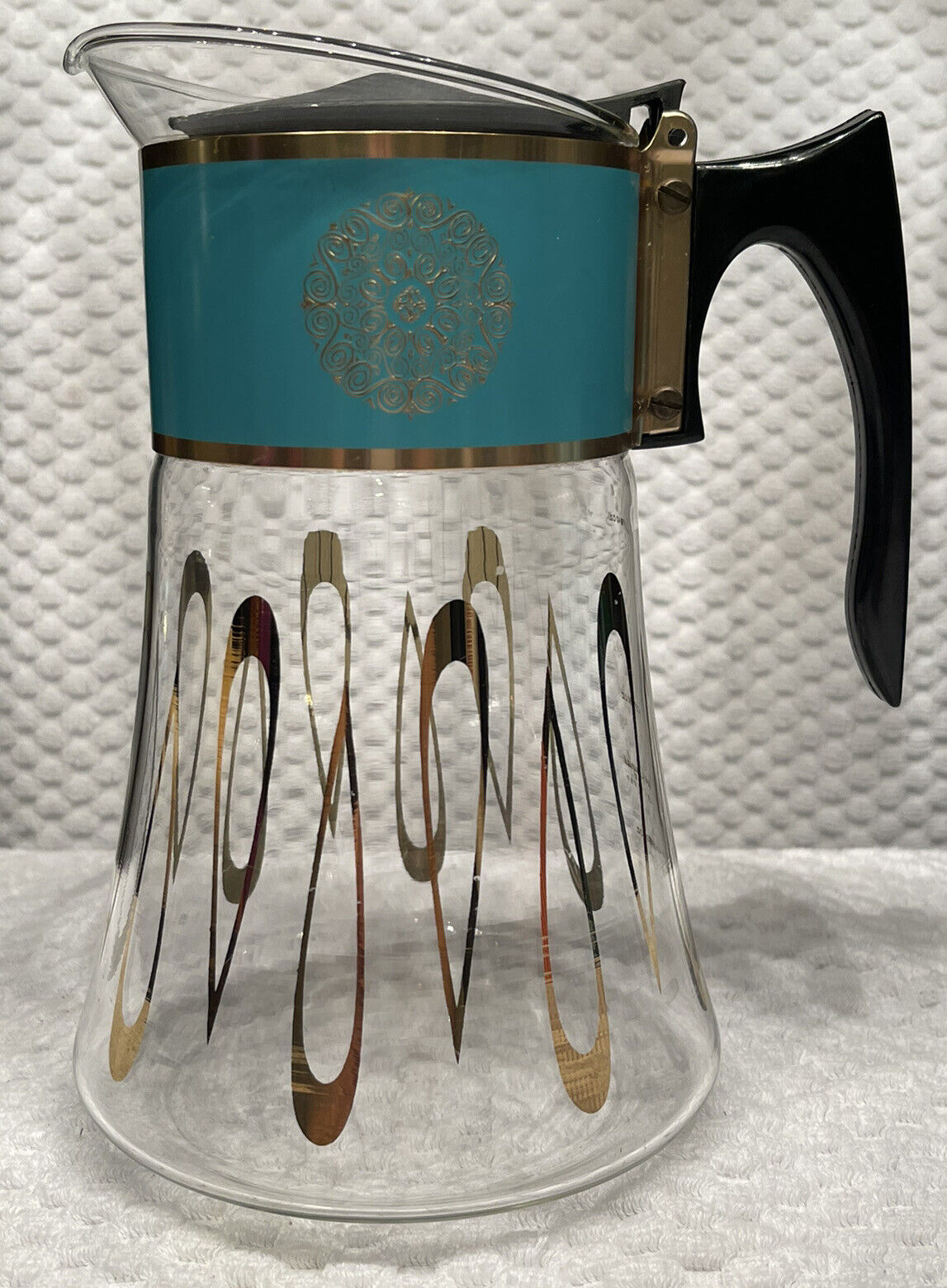 David Douglas Atomic Coffee pot Retro Rare Aqua Flame Proof Gold Trim 8 Cup