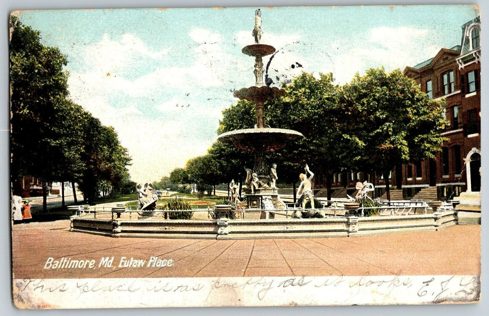 Baltimore, Maryland - Eulaw Place, Fountain - VIntage Postcard - Posted