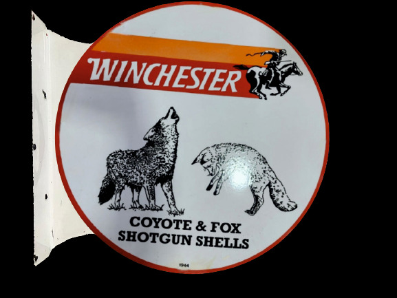 PORCELIAN WINCHESTER COYOTE ENAMEL SIGN SIZE 30 INCHES DOUBLE SIDED WITH FLANGE