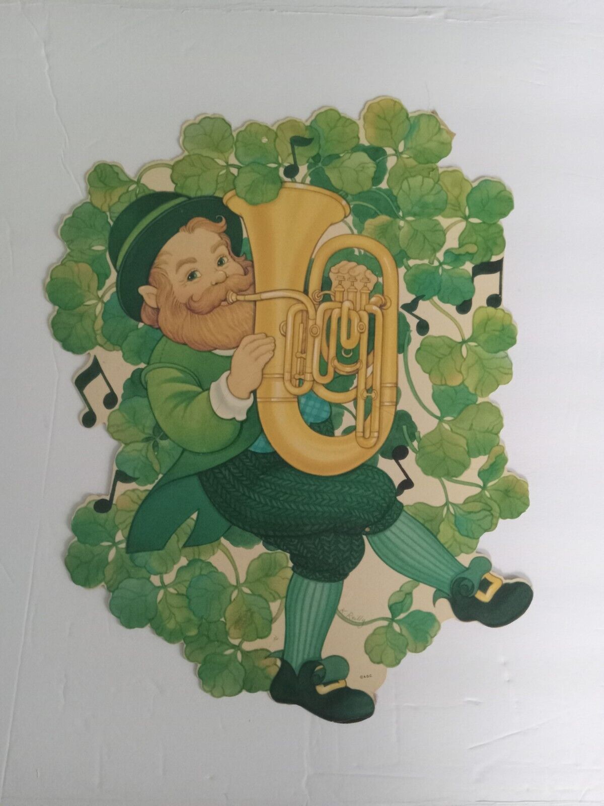 Vintage St. Patrick’s Day Die Cut Leprechaun A.G.C. K. Reilly Shamrocks Tuba