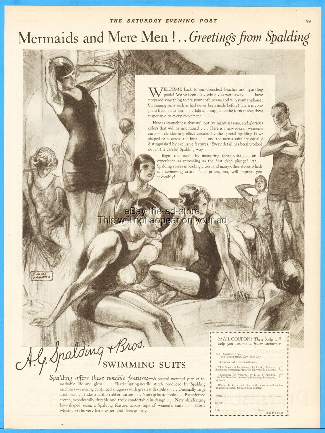 1925 Spalding Swimming Suit Swimwear Women\'s Men\'s Swimsuit John La Gatta Art Ad