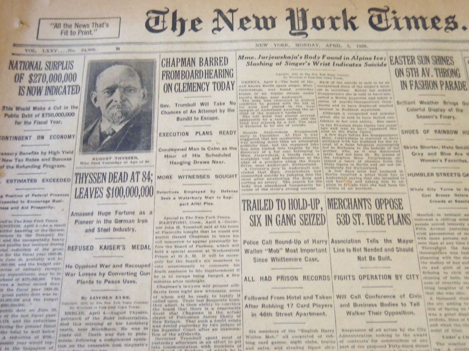 1926 APRIL 5 NEW YORK TIMES - THYSSEN DEAD AT 84 LEAVES $100,000,000 - NT 5686